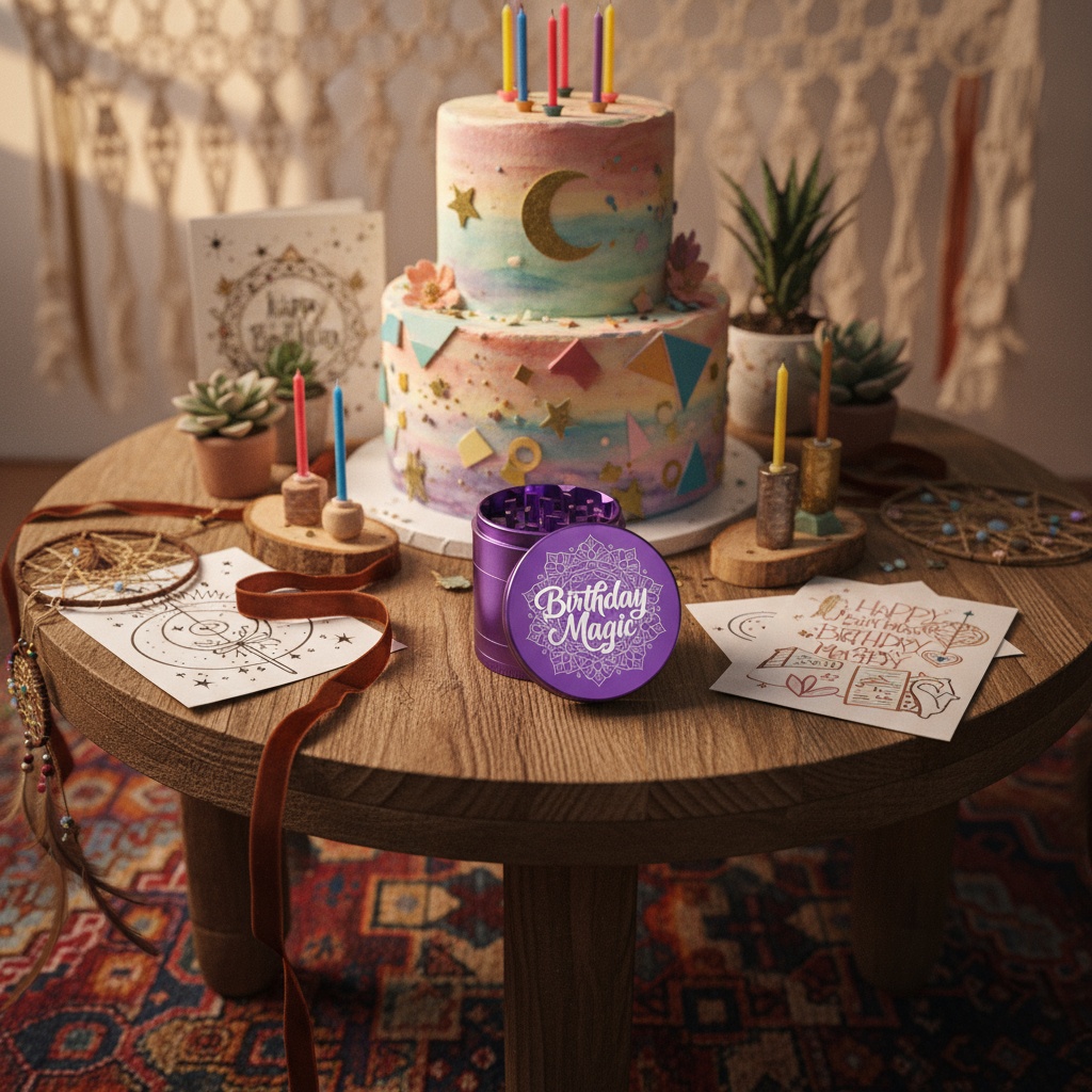 Artistic Bohemian Birthday with Purple Grinder and Celestial Cake